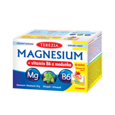 TEREZIA Magnesium + vitamín B6 a medovka 30 kapsúl + darček ZADARMO Vitamín D3 1000 IU 30 kapsúl 1 set
