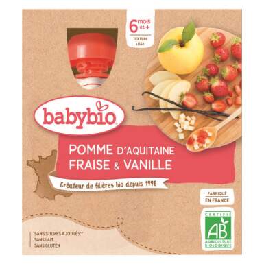 BABYBIO Jablko jahoda vanilka ovocný príkrm od ukonč. 6. mesiaca 4 x 90 g