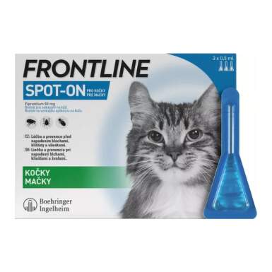 FRONTLINE Spot-on pre mačky roztok proti kliešťom blchám a švolám 3 x 0,5 ml