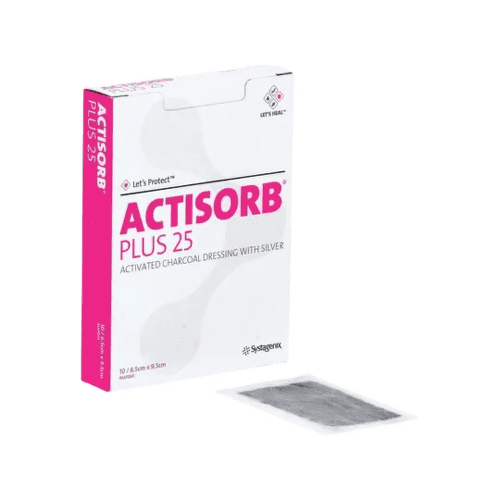 ACTISORB Plus 25 obväz s aktívnym uhlím a striebrom 6,5 x 9,5 cm 10 ks