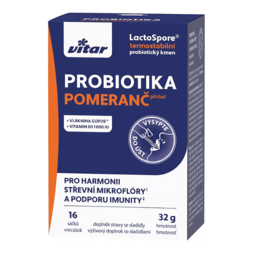 E-shop VITAR Probiotika + vláknina + vitamíny C a D3 prášok vo vrecúškach pomarančová príchuť 16 ks