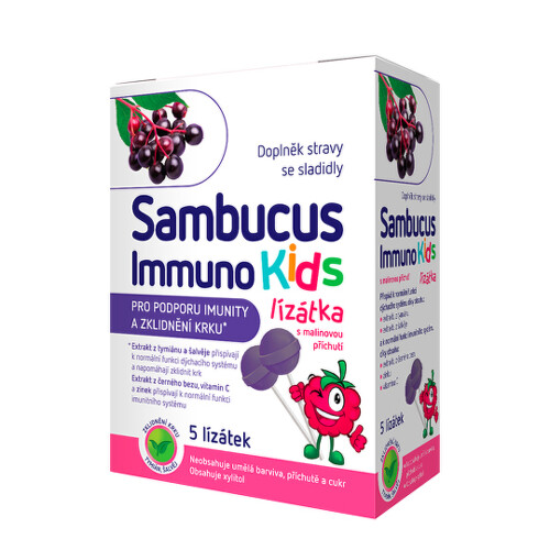 SAMBUCUS Immuno kids lízatka malinová príchuť 5 ks