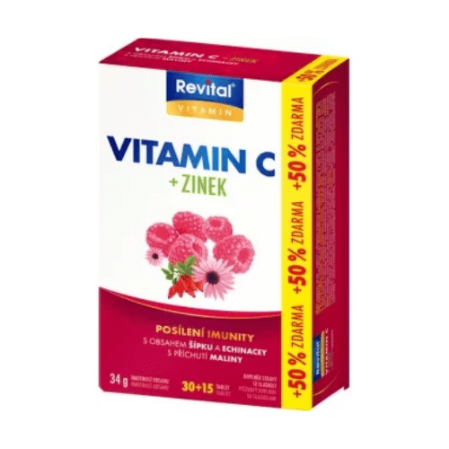 E-shop VITAR Vitamín C + zinok echinacea a šípka príchuť malina 30 + 15 zadarmo 45 tabliet