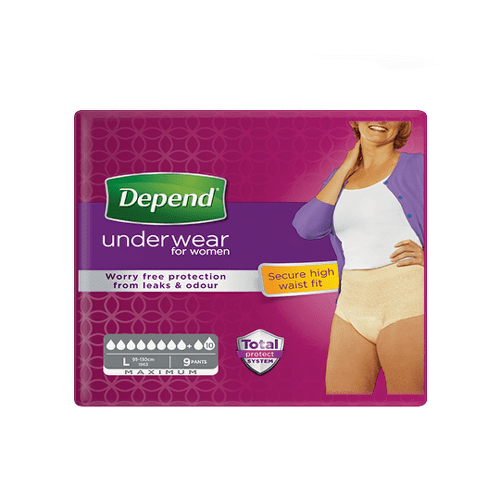 DEPEND MAXIMUM L pre ženy naťahovacie nohavičky, obvod bokov 95-130cm, priedušné, 9ks kúpite na Benulekaren.sk