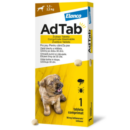 AdTAB Žuvacie tablety pre psy 56 mg hmotnosť psa 1,3 – 2,5 kg 1 x 1 ks