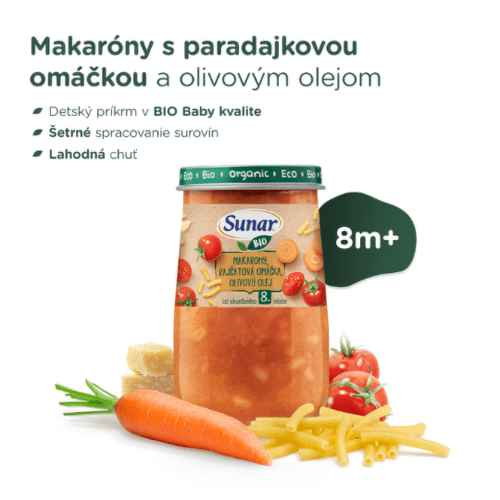 SUNAR Bio príkrm makaróny paradajková omáčka olivový olej 8m+ 190 g