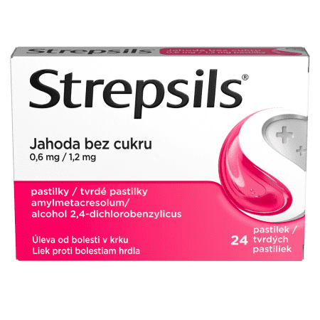 Strepsils Jahoda bez cukru 0,6mg/1,2mg pastilky pri bolestiach v krku 24 ks kúpite na Benulekaren.sk