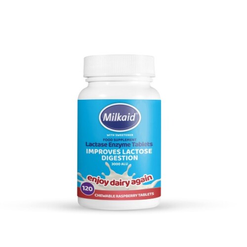 E-shop MILKAID Lactase enzyme supplement 120 žuvacích tabliet s malinovou príchuťou