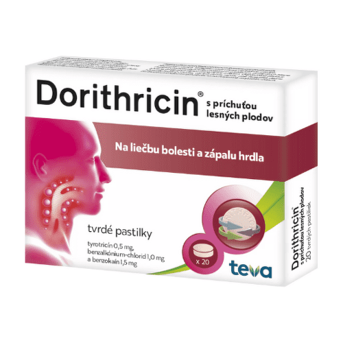 Dorithricin Dorithricin 0,5 mg/1 mg/1,5 mg lisované pastilky pri zápale v krku a ústnej dutine Forest Fruit 20 ks kúpite na Benulekaren.sk