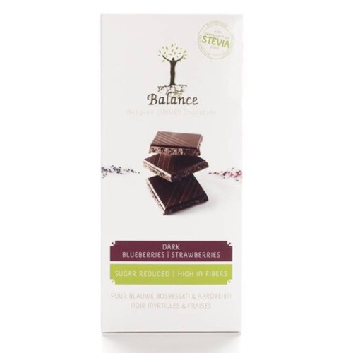E-shop BALANCE Horká čokoláda so sladidlom zo stévie s príchuťou čučoriedka + jahoda 85 g