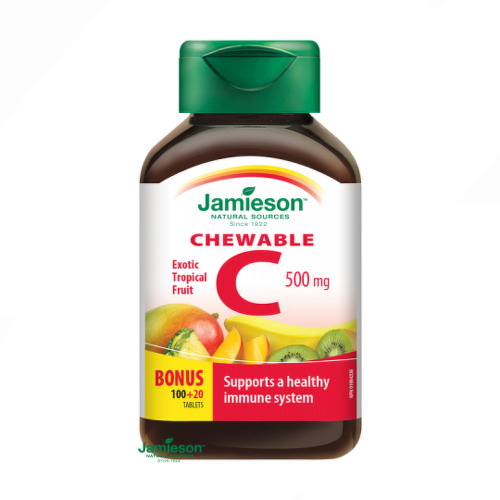 Jamieson Vitamín C 500 mg cmúľacie tablety s príchuťou tropického ovocia 120 tabliet