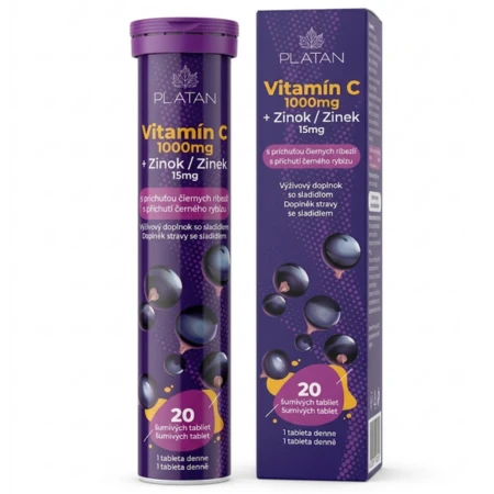PLATAN Vitamín C + zinok šumivé tablety s príchuťou čiernych ríbezlí 20 tabliet