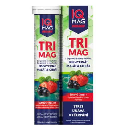 IQ MAG Organic trimag horčík šumivé tablety príchuť čiernej ríbezle a jahody 1 x 20 ks