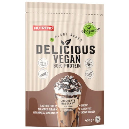 NUTREND Delicious vegan proteín prášok príchuť čokoláda+lieskový orech 450 g