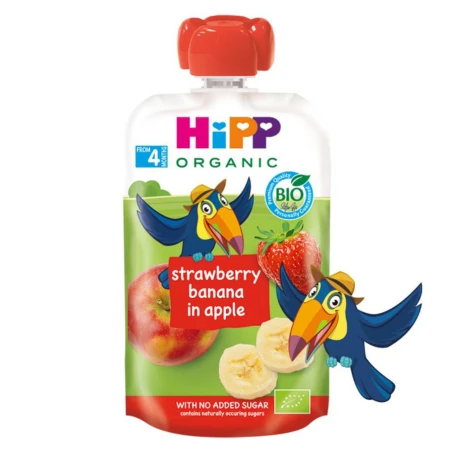 HIPP Bio 100% Ovocie jablko banán jahoda kapsička od ukonč. 4.-6 mesiaca 100 g