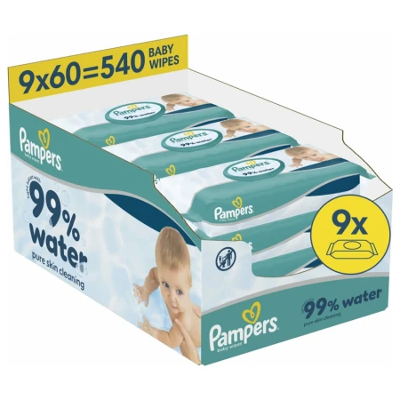 PAMPERS Aqua 99% water vlhčené obrúsky 9 x 60 ks