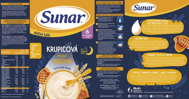 SUNAR Mliečna kaša krupicová na dobrú noc medová 6+ 210 g