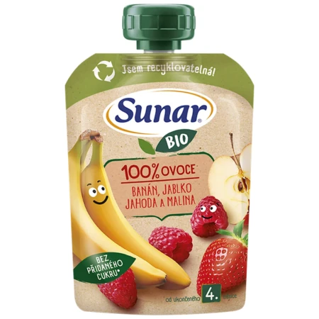 SUNAR Bio Banán jablko jahoda malina kapsička od ukonč. 4. mesiaca 100 g