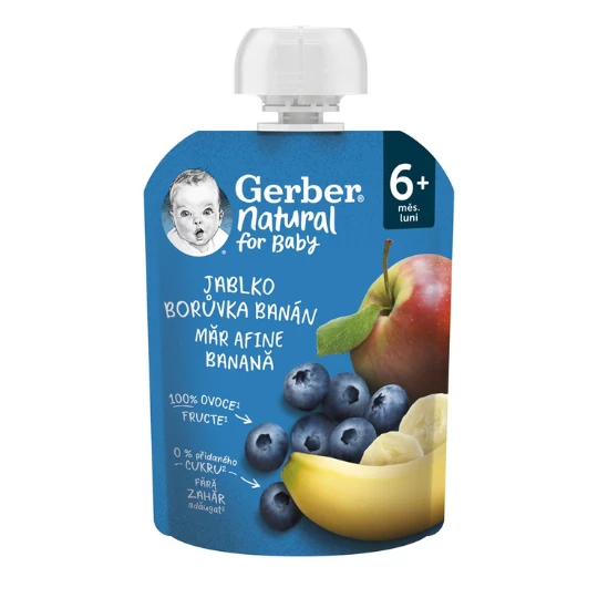 GERBER Natural kapsička jablko čučoriedka a banán ovocná desiata od ukonč. 6. mesiaca 90 g
