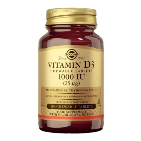 SOLGAR Vitamín D3 1000 IU jahoda banán 100 žuvacích tabliet
