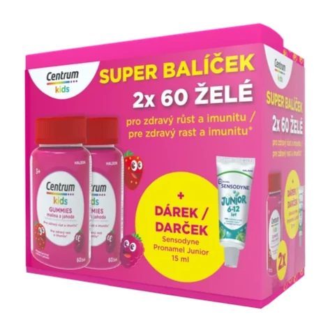 CENTRUM Kids gummies malina a jahoda želé s vitamínmi a minerálmi + darček zubná pasta set