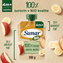 SUNAR Bio ovocná kapsička jablko banán mrkva 4m+ 100 g