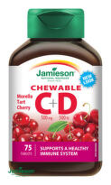 JAMIESON Vitamíny C a D3 500 mg s príchuťou čerešne 75 cmúľacích tabliet