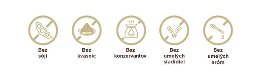 bez sóji, bez kvasníc, bez konzervantov, bez umelých sladidiel, bez umelých aróm