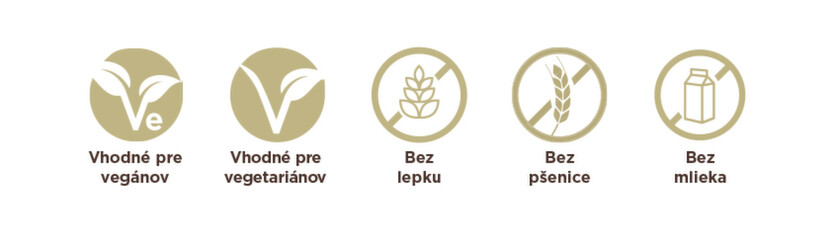 vhodné pre vegánov, vegetariánov, bez lepku, bez pšenice, bez mlieka