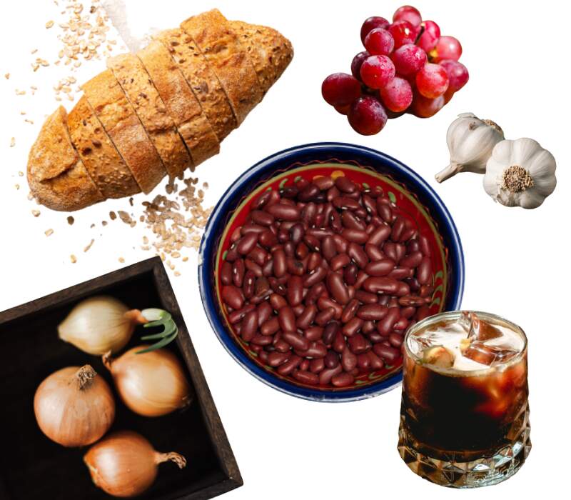 Niektoré z potravín, ktoré môžu spôsobiť nafúknutie brucha – napríklad strukoviny, cibuľa, cesnak, ale aj pečivo či sladké nápoje.